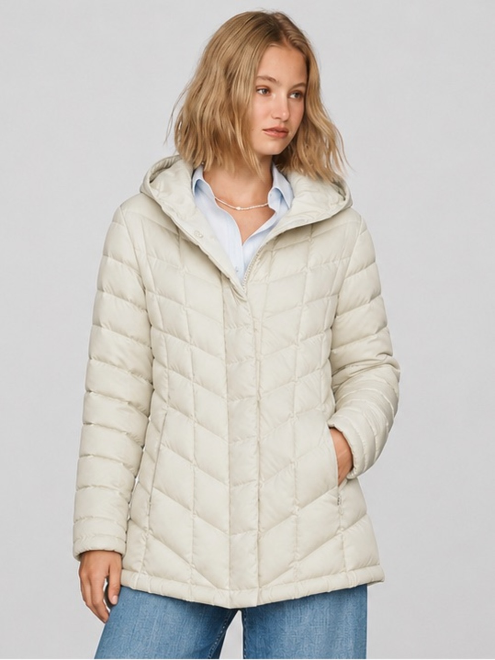 Johnston & Murphy Quilted Down Puffer Jacket Hooded Cream Ivory Like New Small